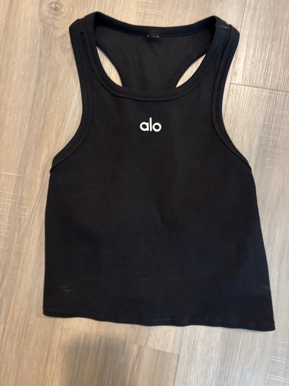 ALO Yoga Black Ribbed Racerback Tank with White Logo